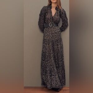 BA&SH Algeria Maxi Dress w/ High V-Neckline, Long Sleeve w/ Pleated Cuffs Size 1